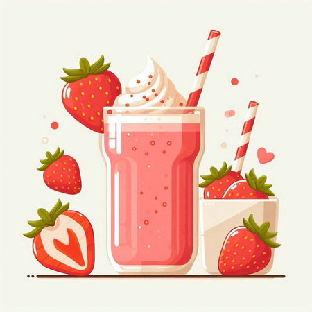 Strawberry smoothie with whipped cream in a glass. Vector illustration.のイラスト素材