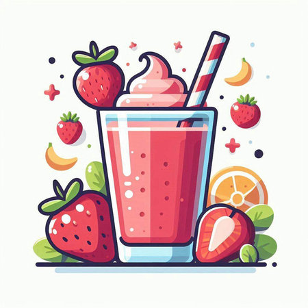 Strawberry smoothie in a glass. Vector illustration in flat style.のイラスト素材