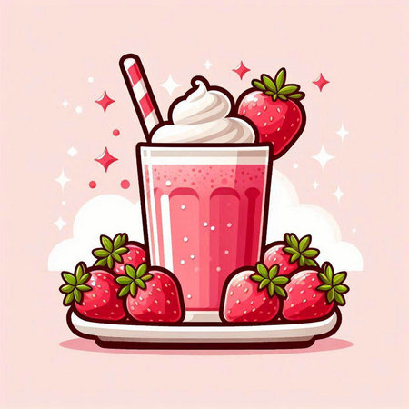 Strawberry milkshake with whipped cream in a glass. Vector illustration.のイラスト素材