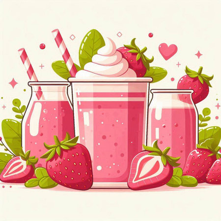Strawberry smoothies in glass jars with straws. Vector illustration.のイラスト素材