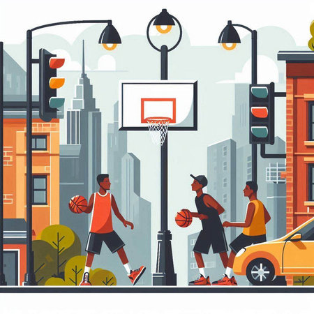 Basketball players in the city. Vector illustration in flat style.のイラスト素材