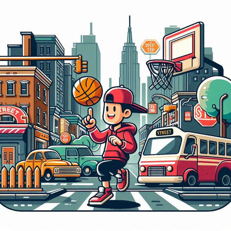 Kid playing basketball on the street in New York City. Vector illustrationのイラスト素材