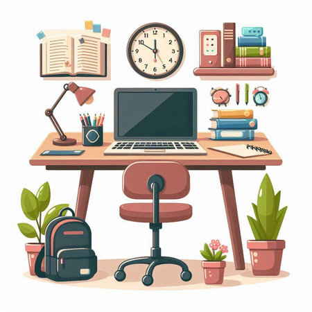 Workplace with laptop, books, stationery and plants. Vector illustrationのイラスト素材