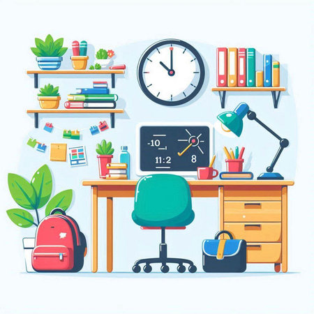 Vector illustration of school interior with desk, chair, bookshelf, stationery and clock.のイラスト素材