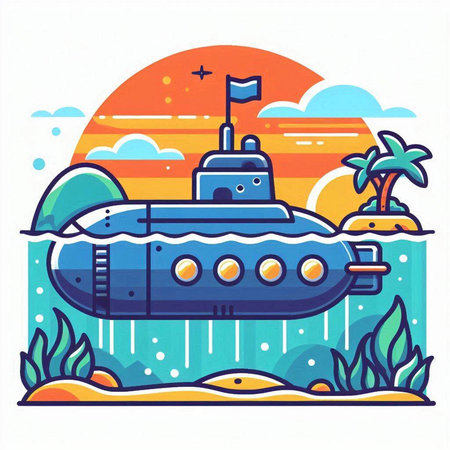 Submarine on the beach. Vector illustration in flat cartoon style.のイラスト素材