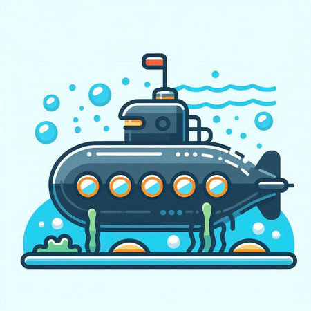 Submarine in the sea. Vector illustration in flat linear style.のイラスト素材