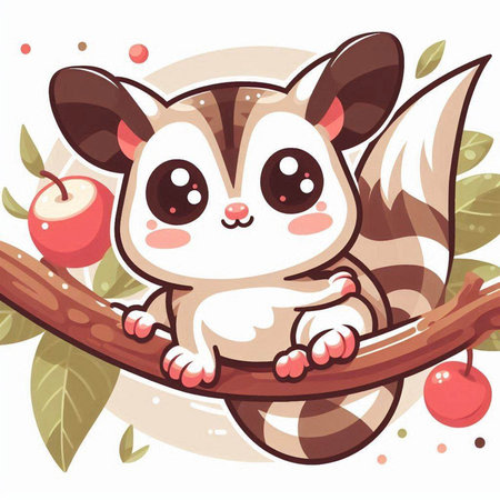 Cute cartoon skunk sitting on a branch with apples. Vector illustration.のイラスト素材