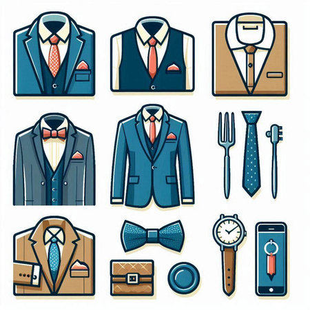 Vector set of men's suits and accessories icons in flat style.のイラスト素材