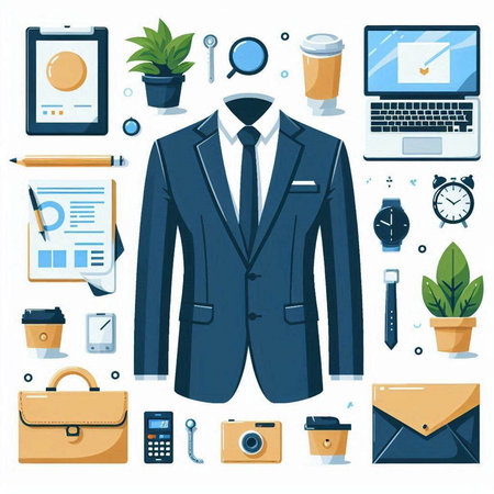 Vector illustration of office and business elements. Businessman in suit.のイラスト素材