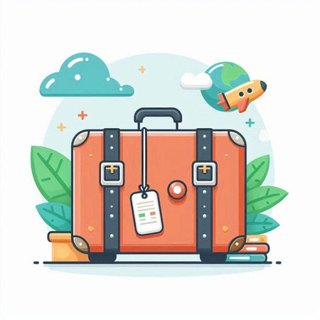 Suitcase with travel items. Vector illustration in cartoon style.のイラスト素材