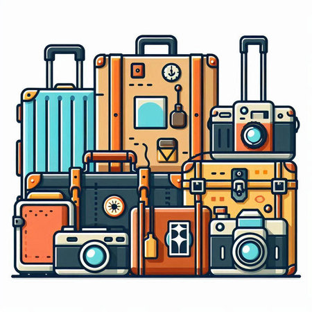 Set of travel suitcases and camera. Vector illustration in flat styleのイラスト素材