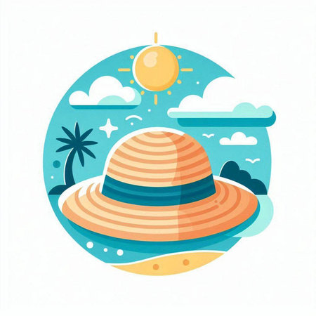 Summer beach flat icon. Vector illustration with sun, palms and hatのイラスト素材