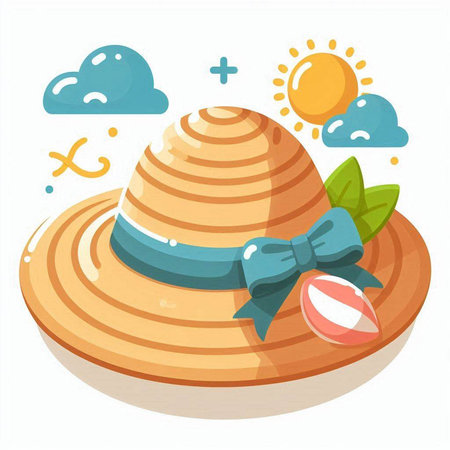 Summer straw hat with blue bow on white background. Vector illustration.のイラスト素材