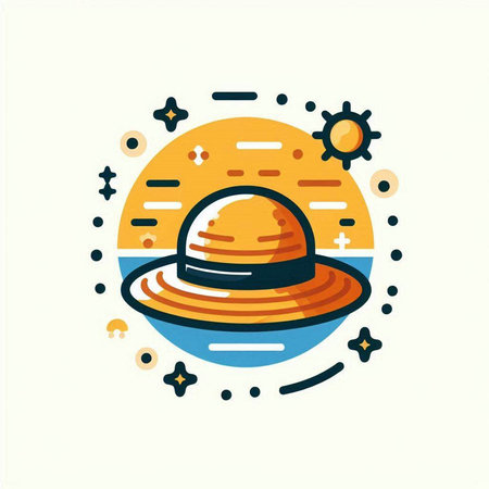 Hat with sun and stars. Vector illustration in flat linear style.のイラスト素材