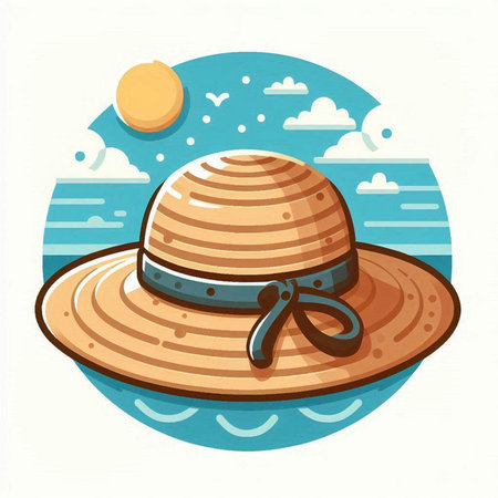 Illustration of a straw hat on the seashore. Vector illustrationのイラスト素材
