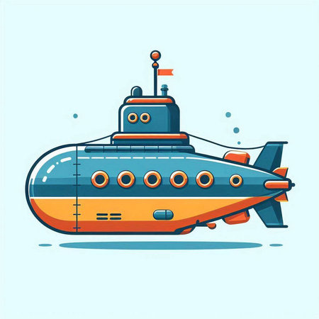 Submarine vector illustration. Cartoon submarine in flat style isolated on blue background.のイラスト素材