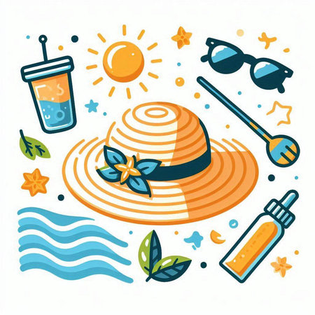Summer flat vector illustration with hat, sunglasses, cocktail and beach accessories.のイラスト素材
