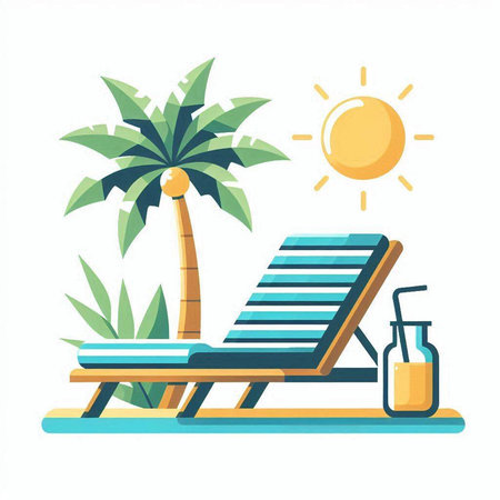 Beach chair with palm tree, sun and juice. Flat vector illustration.のイラスト素材