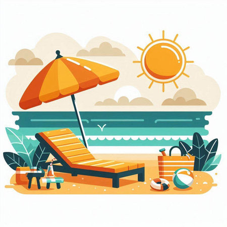 Beach chair and sun lounger on sand. Vector illustration.のイラスト素材