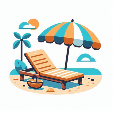 Beach chair with umbrella and coconut. Vector illustration in flat styleのイラスト素材