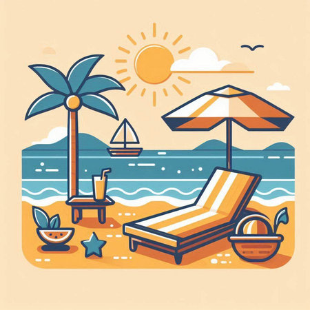 Beach with sun lounger, palm trees, coconutchair and umbrella. Vector illustrationのイラスト素材