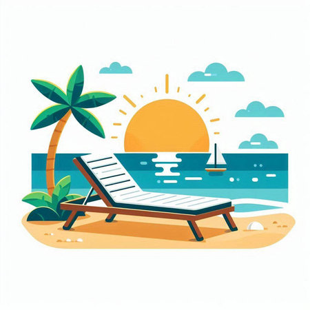 Tropical beach with sun lounger. Vector illustration.のイラスト素材