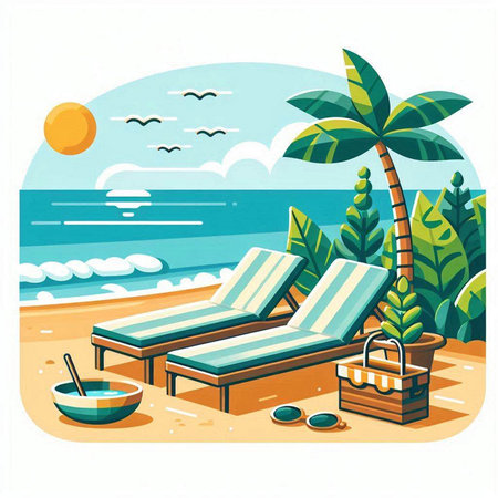 Vector illustration of a beach with sun loungers and palm treesのイラスト素材