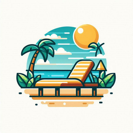 beach with sun and palm trees, vector illustration in flat styleのイラスト素材