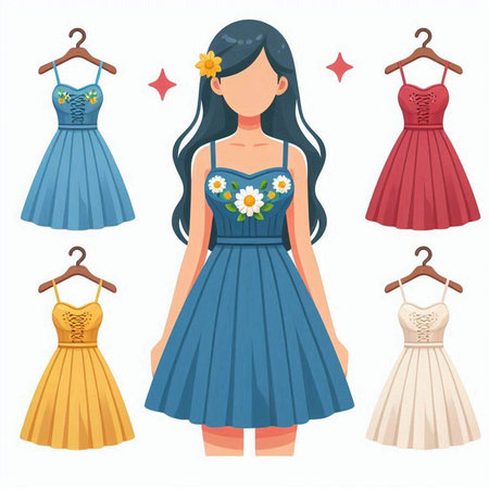 Set of different dresses. Vector illustration in flat cartoon style. Isolated on white background.のイラスト素材