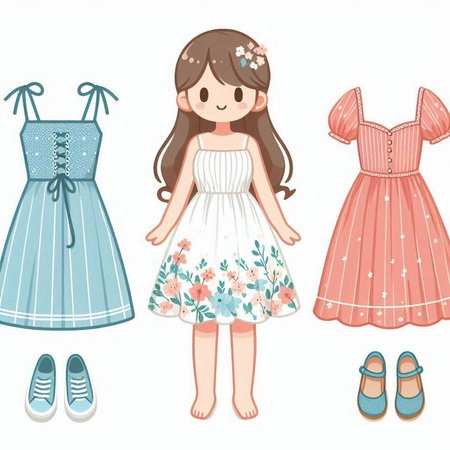 Cute little girl in dress and shoes. Cartoon vector illustration.のイラスト素材