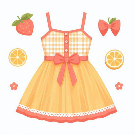 vector illustration of cute cartoon girl dress with strawberry, lemon and flowerのイラスト素材