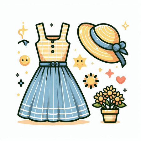 Vector illustration of a girl's dress, hat and flowers in a pot.のイラスト素材