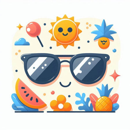 Cute cartoon sun character with sunglasses and summer elements. Vector illustrationのイラスト素材