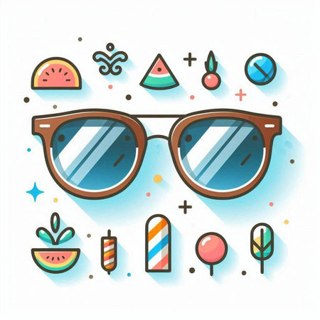 Trendy flat line icons set with sunglasses, ice cream, watermelon and other summer elements. Vector illustration.のイラスト素材