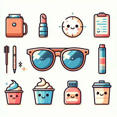 Cute cartoon icons set with glasses, cupcake and other things.のイラスト素材