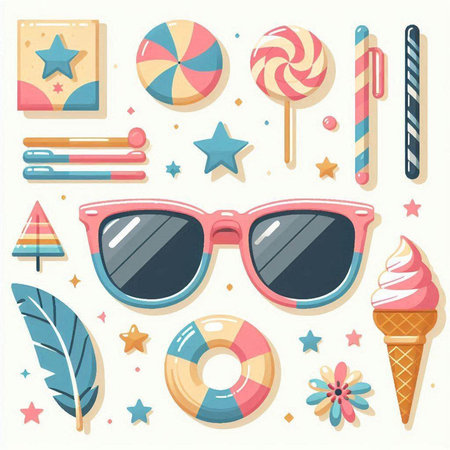 Set of summer elements. Sunglasses, ice cream, lollipop, star, candy. Vector illustrationのイラスト素材