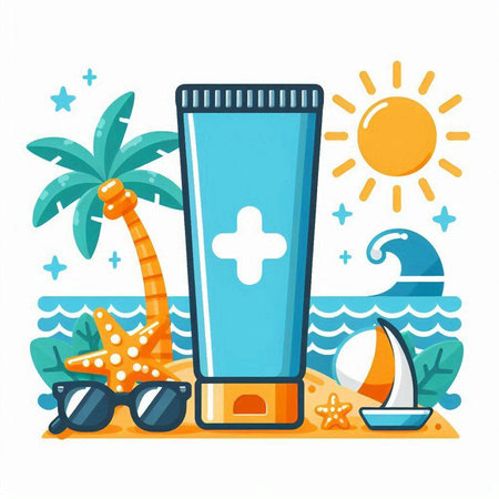 Sunscreen in a tube on the beach. Flat style vector illustration.のイラスト素材