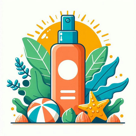 Vector illustration of sunscreen bottle with starfish, seashells, seaweed and starfish.のイラスト素材