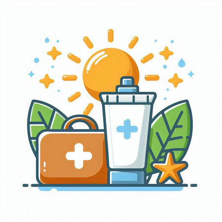 Hand sanitizer bottle and first aid kit. Vector illustration.のイラスト素材