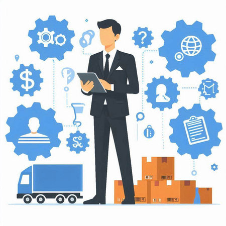 Businessman with tablet and boxes. Vector illustration in flat style.のイラスト素材