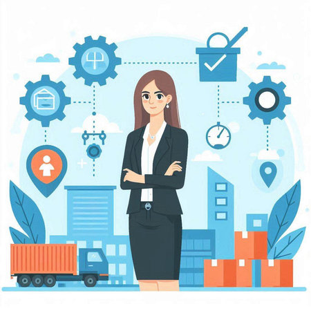 Vector illustration of business woman on the background of the city. Business conceptのイラスト素材