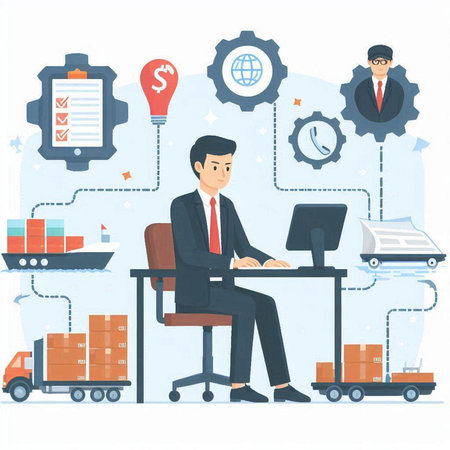 Vector illustration of a businessman working at the office. Freight transportation concept.のイラスト素材