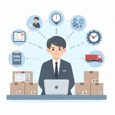 Man working at the office with logistic icons around him. Vector illustration.のイラスト素材