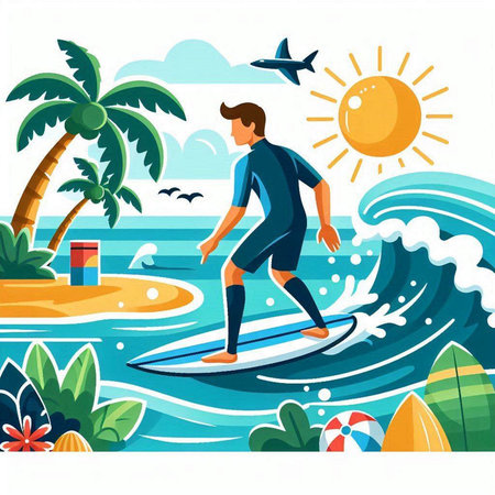 Surfer on the beach. Summer vacation. Flat vector illustration.のイラスト素材