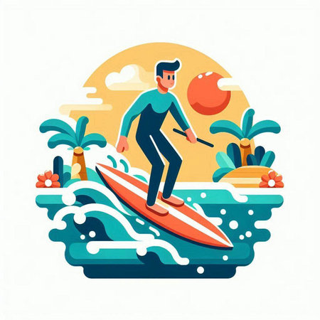 Surfing vector flat illustration. Surfer on a surfboard.のイラスト素材