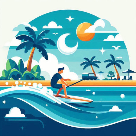 Man on a paddle board on the sea. Flat style vector illustration.のイラスト素材