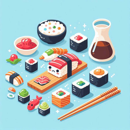 Sushi isometric composition with japanese food and sushi rolls isolated vector illustrationのイラスト素材