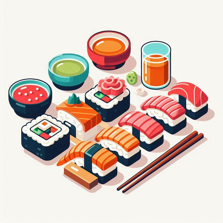 Sushi isometric composition with sushi rolls and wasabi vector illustrationのイラスト素材