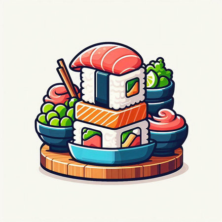 Illustration of japanese food. Sushi and rolls on wooden plate.のイラスト素材