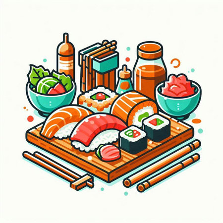 Sushi and rolls set. Japanese food. Vector illustration in cartoon styleのイラスト素材